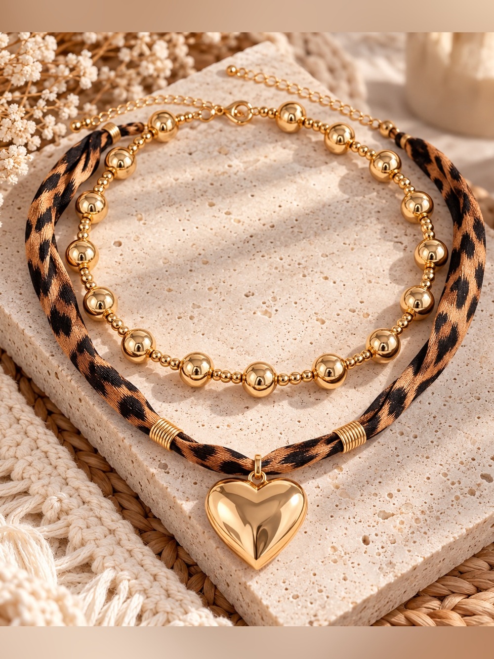 2pc Leopard Print Heart Pendant Layered Necklace Set Gold Tone